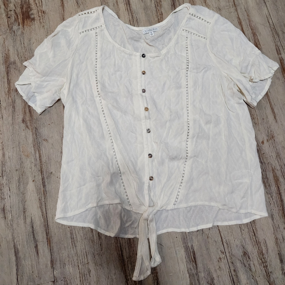 Ophelia roe boho tie XL button white top Beachy shirt summertime blouse